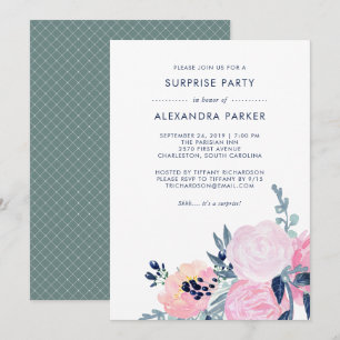 Convite Watercolor Blush e Marinho Floral Surprise Party