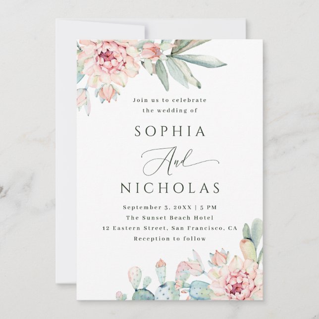 Convite Watercolor Blush Floral & Cactus Wedding. Photo QR (Frente)