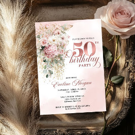 Convite Watercolor Blush Florals Greenery 50th Birthday