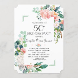 Convite Watercolor Blush Peonies Frame 50º Aniversário