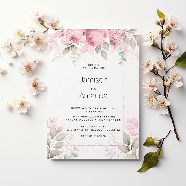 Convite Watercolor blush pink mint white floral Wedding (Watercolor blush pink mint white floral Wedding)