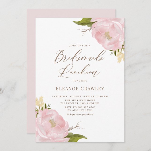 Convite Watercolor Blush Pink Peony Bridesmaids Luncheids (Frente/Verso)