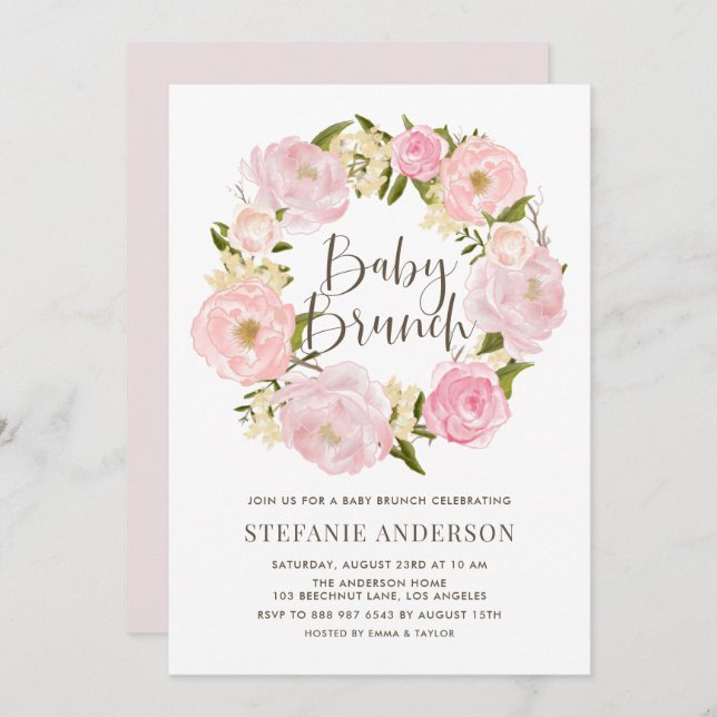 Convite Watercolor Blush Pink Peony Wreath Baby Brunch (Frente/Verso)