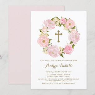 Convite Watercolor Blush Pink Peony Wreath Baptism