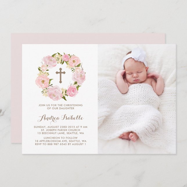 Convite Watercolor Blush Pink Peony Wreath Christening (Frente/Verso)