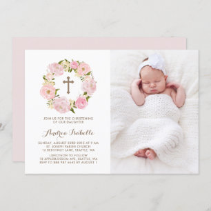 Convite Watercolor Blush Pink Peony Wreath Christening