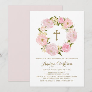 Convite Watercolor Blush Pink Peony Wreath Christening