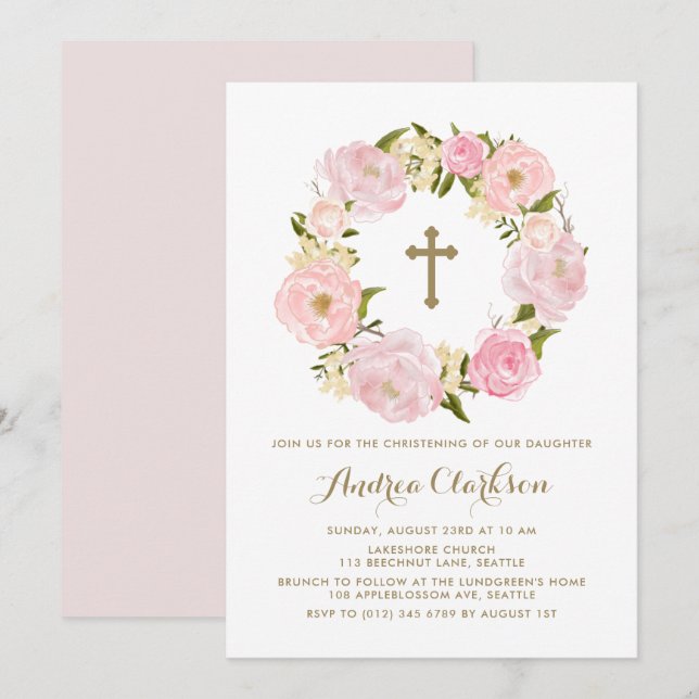 Convite Watercolor Blush Pink Peony Wreath Christening (Frente/Verso)
