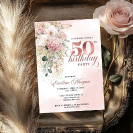 Convite Watercolor Blush Rose Gold Florals 50th Birthday