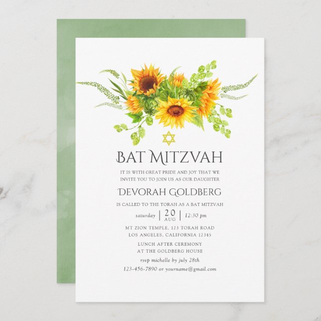 Convite Watercolor Bohemian Boho Sunflower Bat Mitzvah (Frente/Verso)