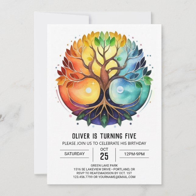 Convite Watercolor Bohemian Tree of Life Aniversário (Frente)