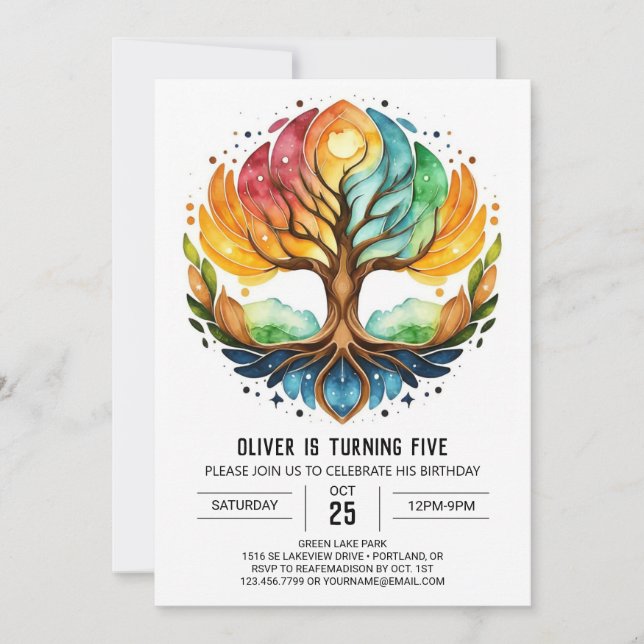 Convite Watercolor Bohemian Tree of Life Aniversário (Frente)