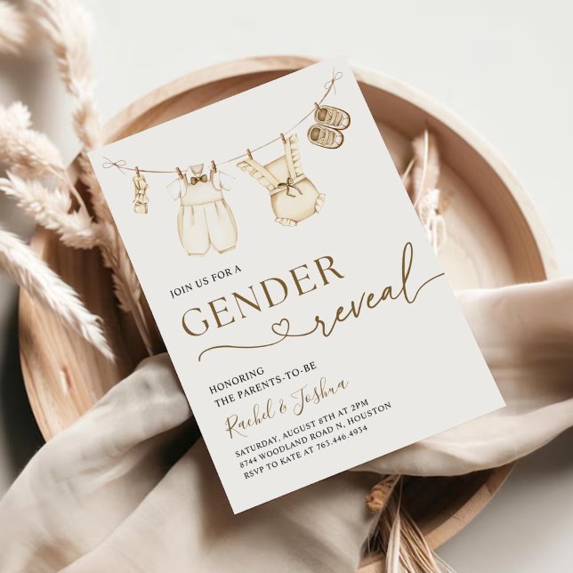 Convite Watercolor Boho Baby Clothes Gênero Revelação (Criador carregado)