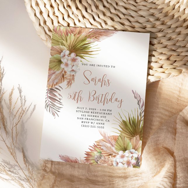 Convite Watercolor Boho Beige Floral 50º Aniversário (Beach Venue Birthday Invite)