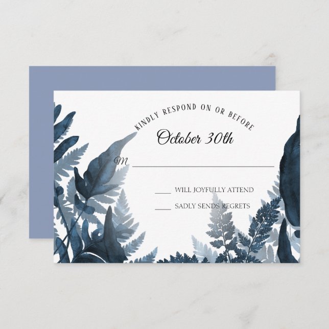 Convite Watercolor Boho Blue Modern Fern Foliage RSVP (Frente/Verso)