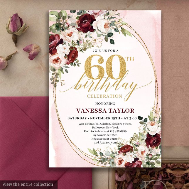 Convite Watercolor Boho Blush Burgundy 60th Birthday Card (Watercolor Boho Blush Burgundy 60th Birthday)