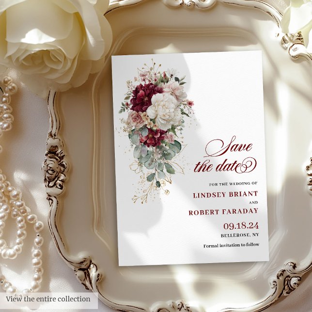 Convite Watercolor Boho Burgundy Rosa Salve A Placa Date (Watercolor Boho Burgundy Rose Save The Date Card)