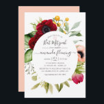 Convite Watercolor Boho Floral Bat Mitzvah<br><div class="desc">Boho floral bat mitzvah convite com peônia e flores anêmonas, verde e penas em sotaques de burgundy plum e pincel rosa personalizável para suas especificidades.</div>