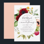 Convite Watercolor Boho Floral Bat Mitzvah<br><div class="desc">Boho floral bat mitzvah convite com peônia e flores anêmonas,  verde e penas em sotaques de burgundy plum e pincel rosa personalizável para suas especificidades.</div>