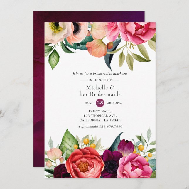 Convite Watercolor Boho Floral Bridesmaids Luncheon (Frente/Verso)