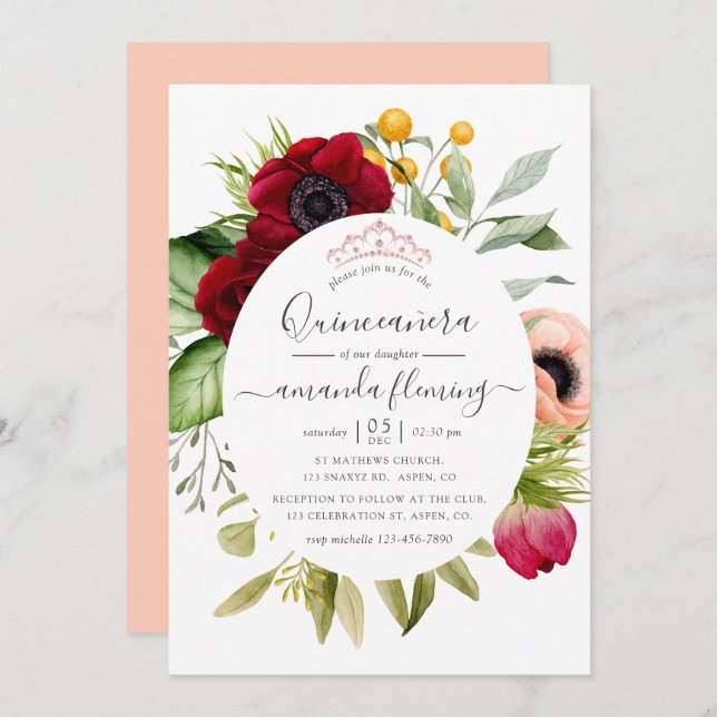 Convite Watercolor Boho Floral Quinceañera (Frente/Verso)