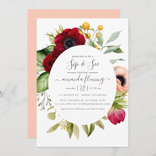 Convite Watercolor Boho Floral Sip e Consulte (Frente/Verso)