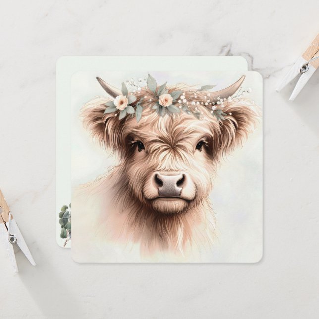 Convite Watercolor Boho Highland Cow Com Cabeça Bridal (Frente/Verso In Situ)