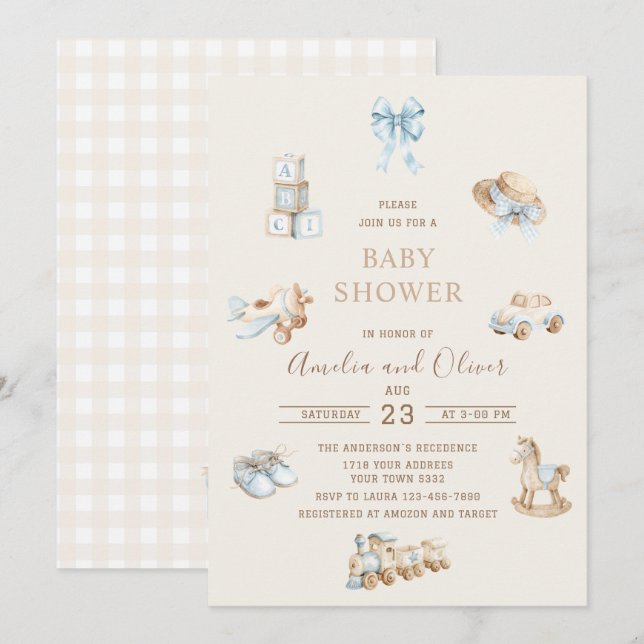 Convite Watercolor Boho Nursery boy  baby shower (Frente/Verso)