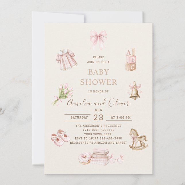 Convite Watercolor Boho Nursery girl  baby shower (Frente)