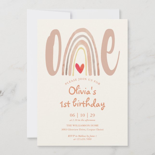 Convite Watercolor Boho Rainbow Heart 1st Birthday (Frente)