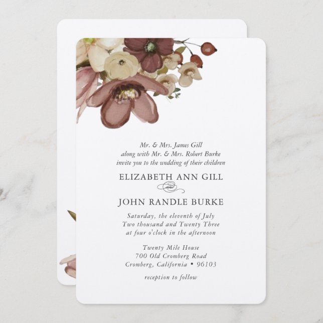 Convite Watercolor Boho Rose & Neutral Wedding (Frente/Verso)