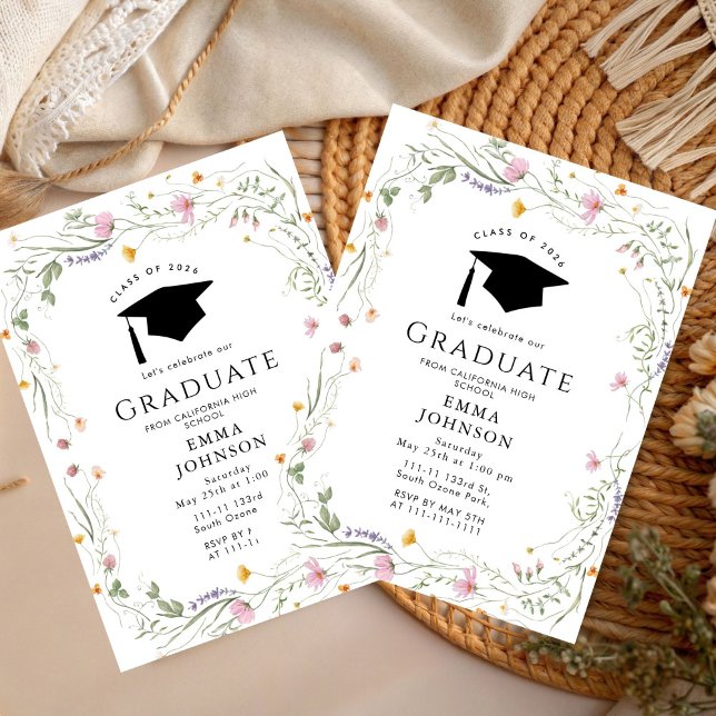 Convite Watercolor Boho Wildflower Boho Festa de formatura (Criador carregado)
