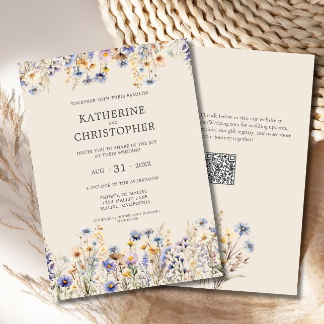 Convite Watercolor BOHO Wildflower Elegant Beige Wedding (BOHO Wildflowers Elegant Wedding Invitation with Purple, Blue, Yellow Wildflowers, QR Code, Beige.)