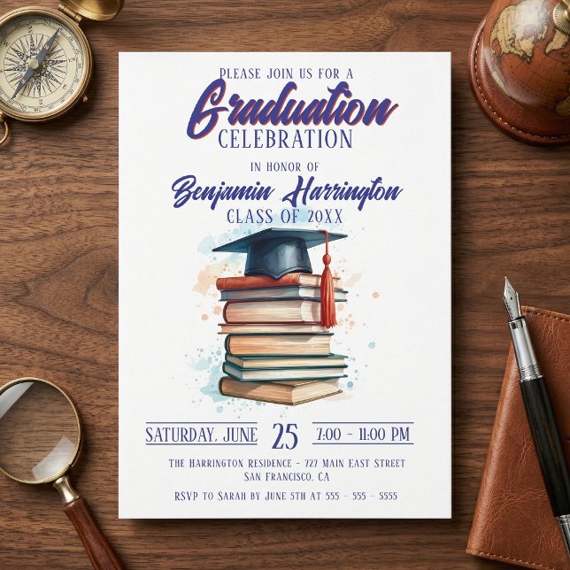 Convite Watercolor Books and Cap Graduation Celebration (Criador carregado)
