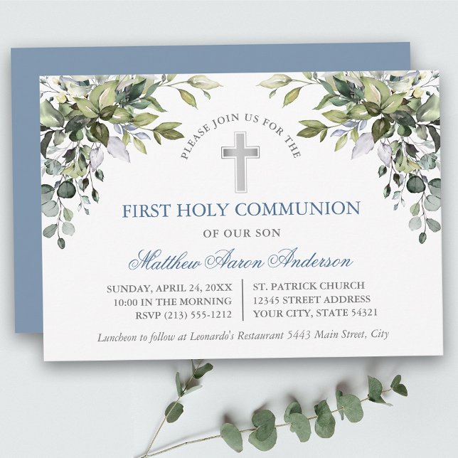 Convite Watercolor Botanical Greenery Dusty Blue Communion (Customize to change text color, text style or color of back of card.)