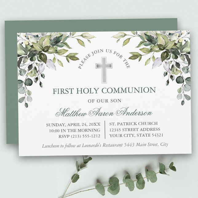 Convite Watercolor Botanical Greenery Sage Green Communion (Customize to change text color, text style or color of back of card.)