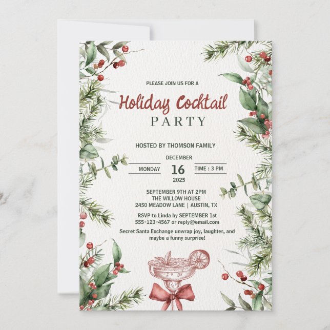 Convite Watercolor Botanical Holiday Cocktail Party (Frente)