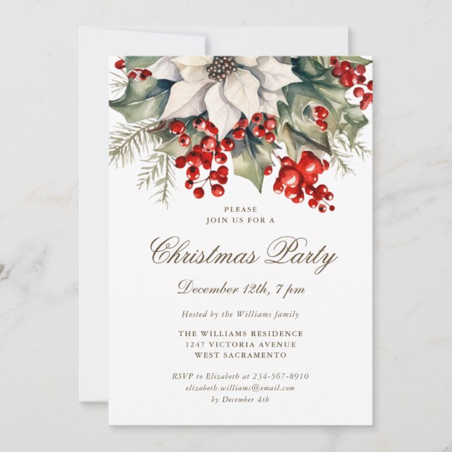 Convite Watercolor Botanical Holly Berries Christmas Party (Frente)
