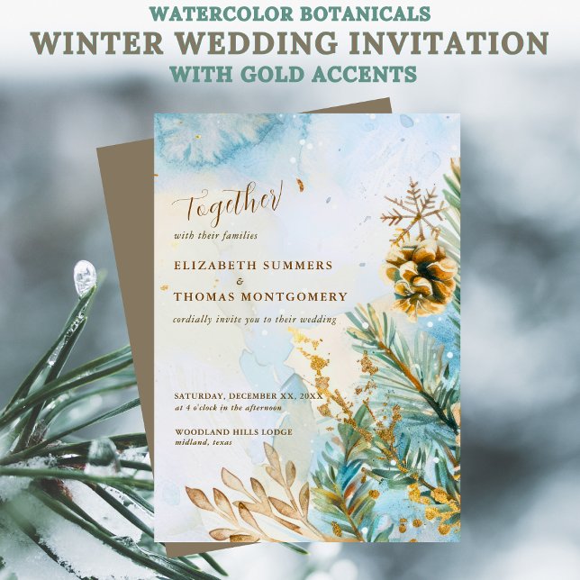 Convite Watercolor Botanicals Winter Wedding Gold Accents (Watercolor Botanicals Winter Wedding Invitation with Gold Accents)