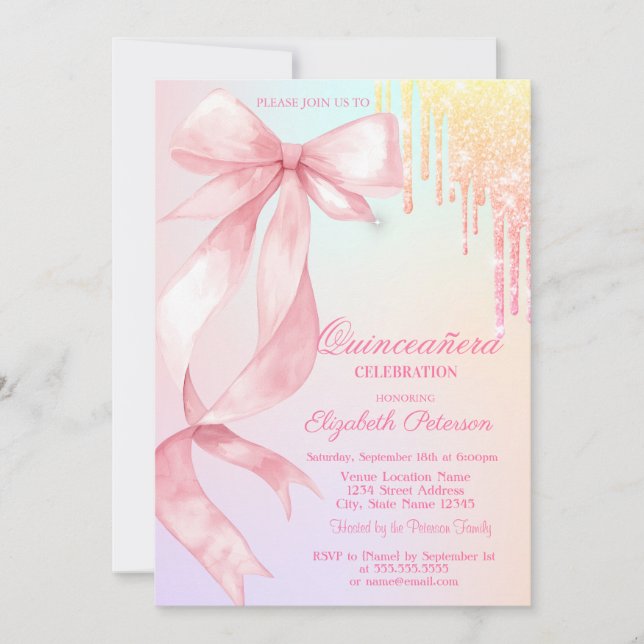 Convite Watercolor Bow Glitter Drips Colorful Quinceañera (Frente)
