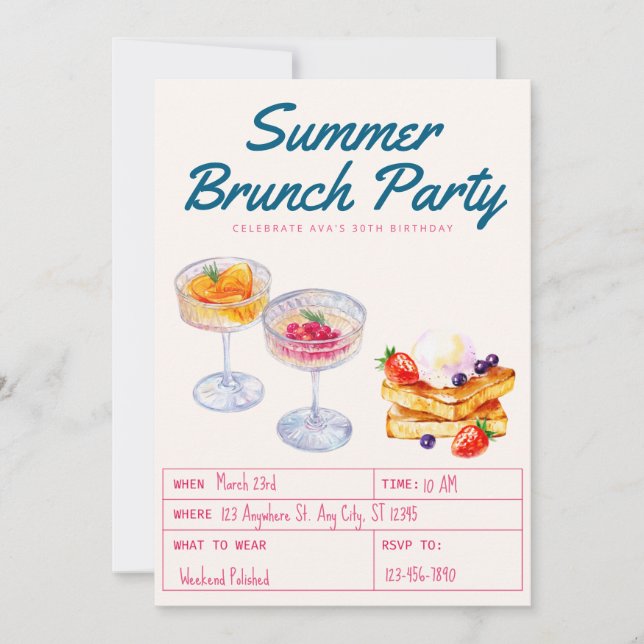 Convite Watercolor Brunch Party Adult Birthday  (Frente)