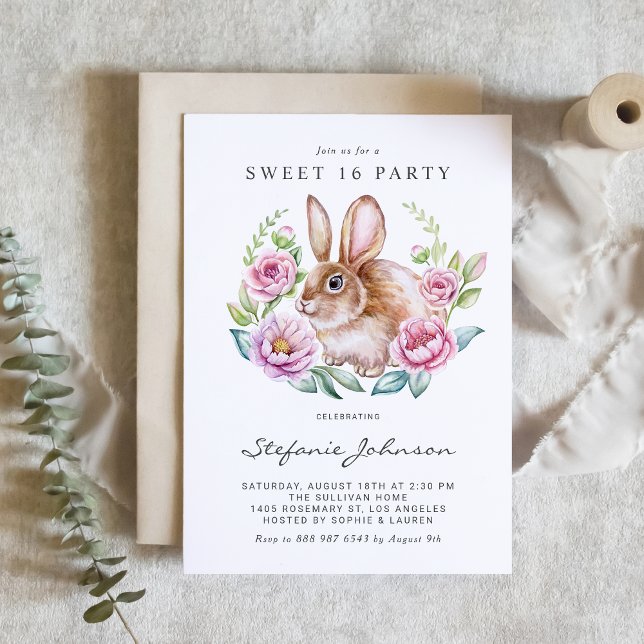 Convite Watercolor Bunny and Pink Flowers Sweet 16 Party (This charming sweet 16 invitation features a watercolor rabbit nestled inside a floral wreath.)
