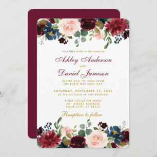Convite Watercolor Burgundy Blue Floral Elegant Casamento 