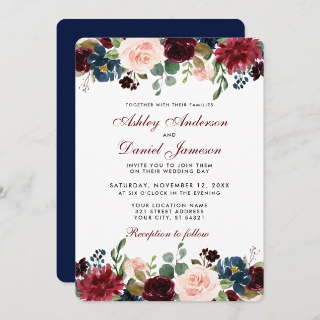 Convite Watercolor Burgundy Blue Floral Elegant Casamento  (Frente/Verso)