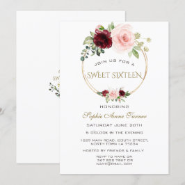 Convite Watercolor Burgundy Blush Floral Dourado Sweet 16