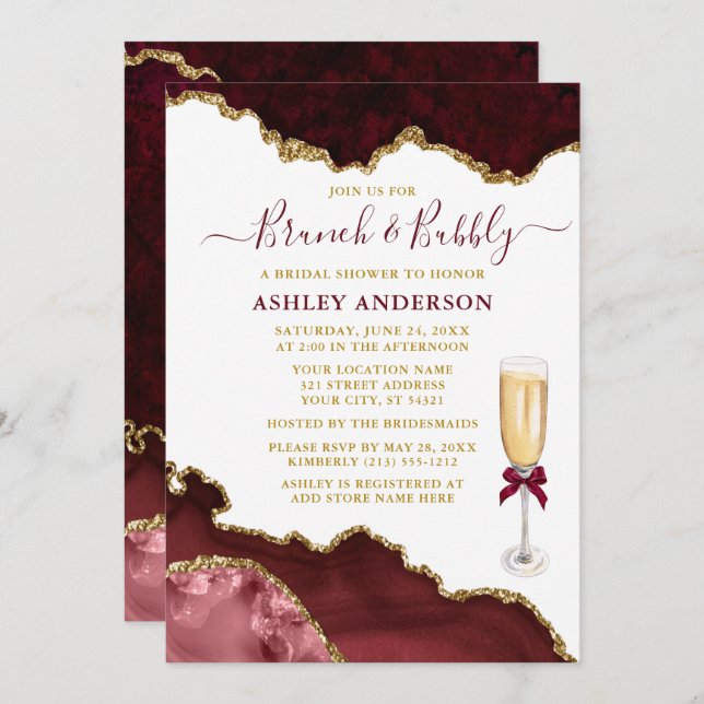 Convite Watercolor Burgundy Dourado Marble Bridal Brunch (Frente/Verso)