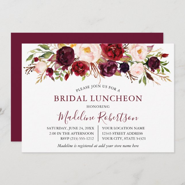 Convite Watercolor Burgundy Floral Bridal (Frente/Verso)