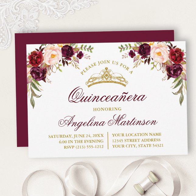 Convite Watercolor Burgundy Floral Quinceanera (Customize to change text size, color, text style or color of back of card.)