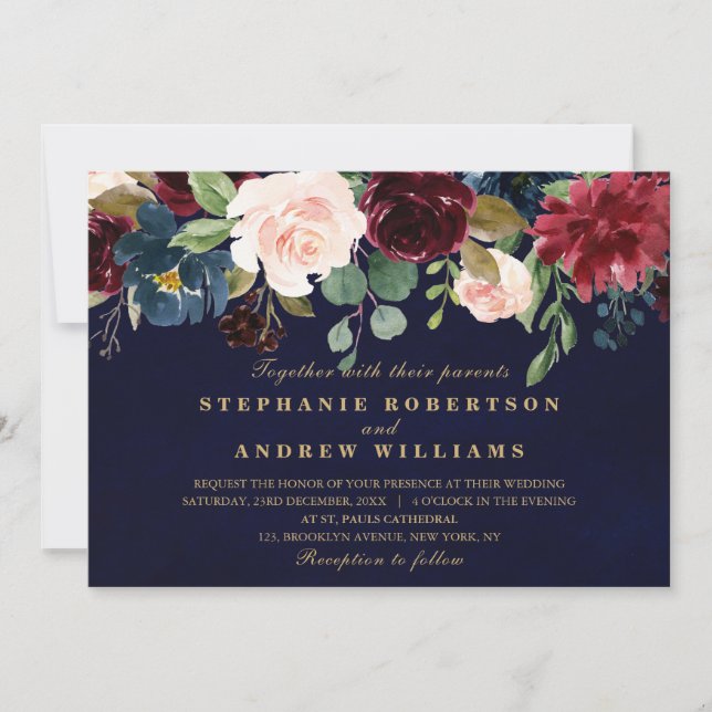 Convite Watercolor Burgundy Red Marinho Floral Russo Boho (Frente)