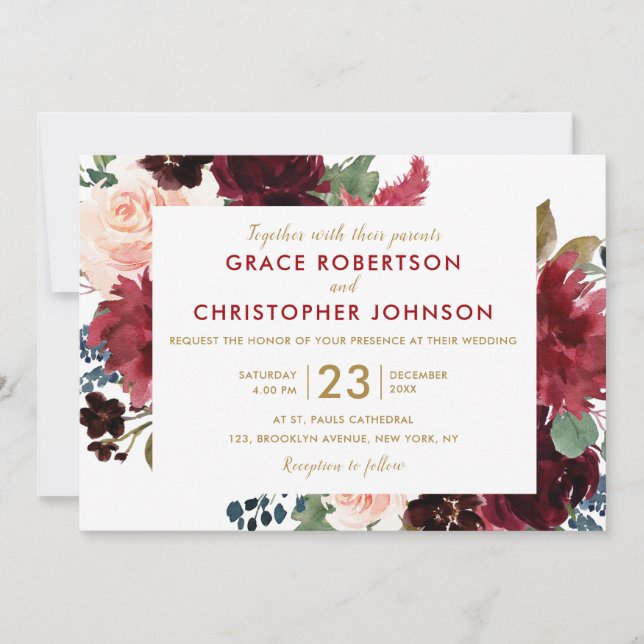 Convite Watercolor Burgundy Red Marinho Floral Russo Boho (Frente)